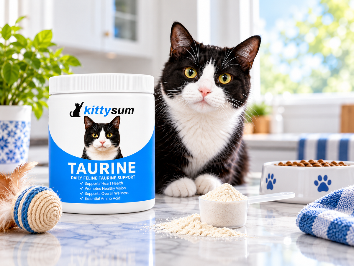 Taurine for vegan cats demonstration for cat owners: a cat resting beside a taurine jar on a blue blanket
