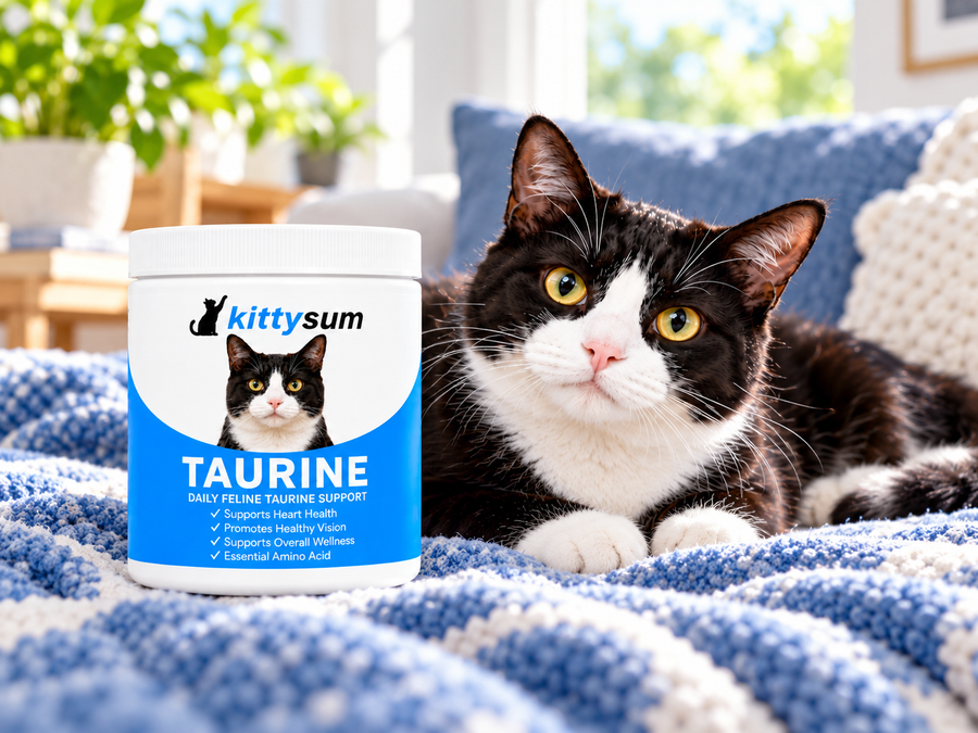 Cheap taurine for cats demonstration for cat owners: a cat sitting beside a taurine jar and a measuring scoop