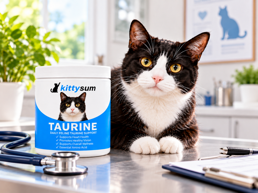 Taurine for cats with DCM demonstration for cat owners: a vet with a stethoscope examining a cat