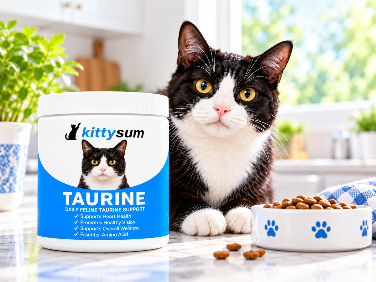 Taurine for overweight cats demonstration for cat owners: a toy mouse next to a taurine scoop