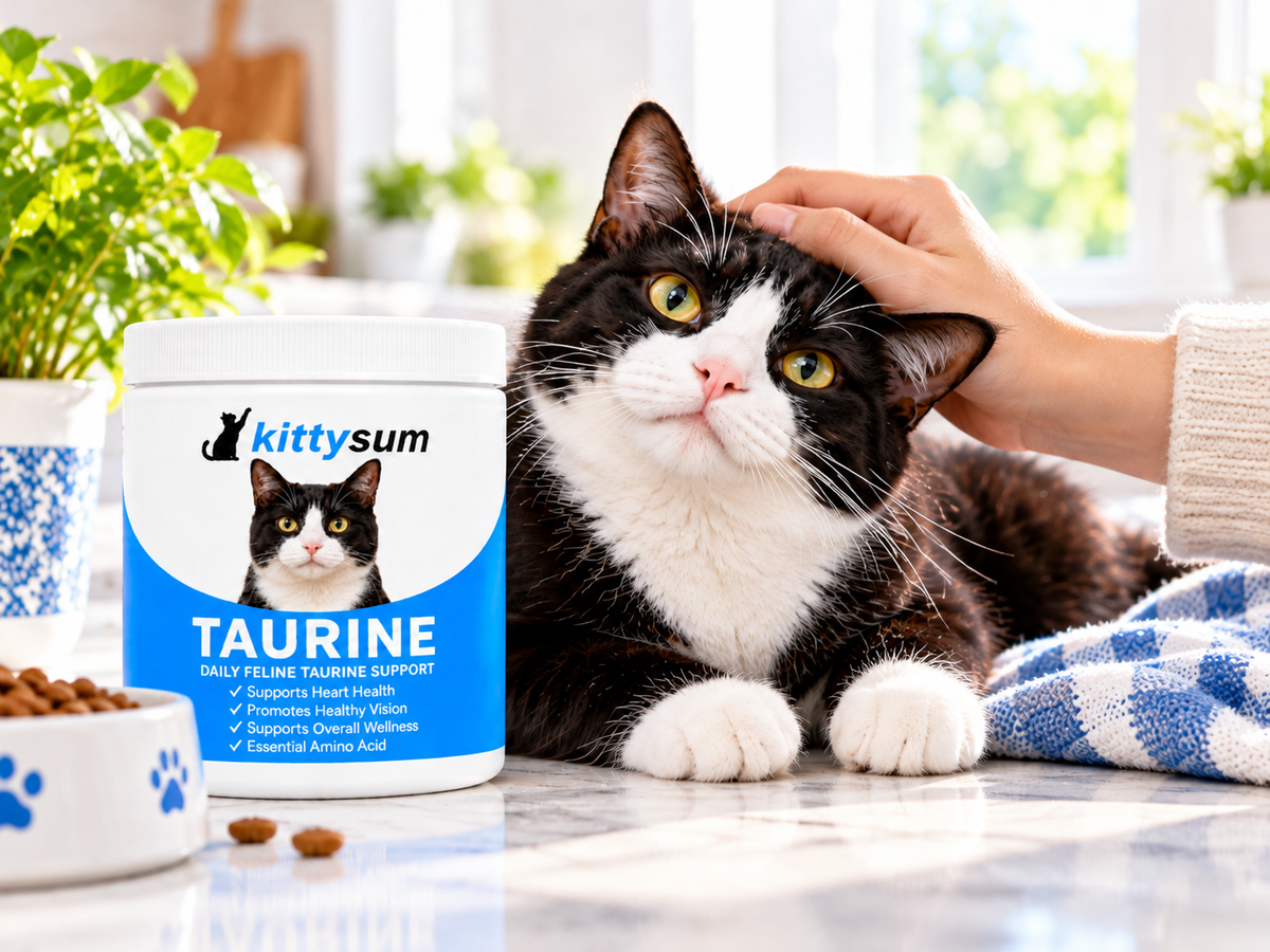 Taurine in fish for cats demonstration for cat owners: a cat beside a bowl and a taurine jar