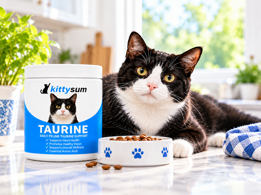 Taurine powder storage demonstration for cat owners: a taurine tub and scoop on a clean shelf