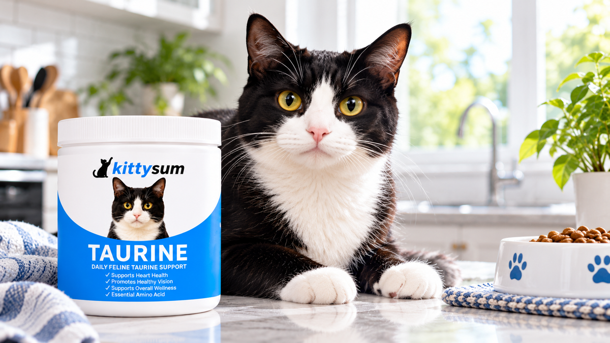 Taurine for cats with HCM demonstration for cat owners: a calm cat beside a taurine tub and a food bowl
