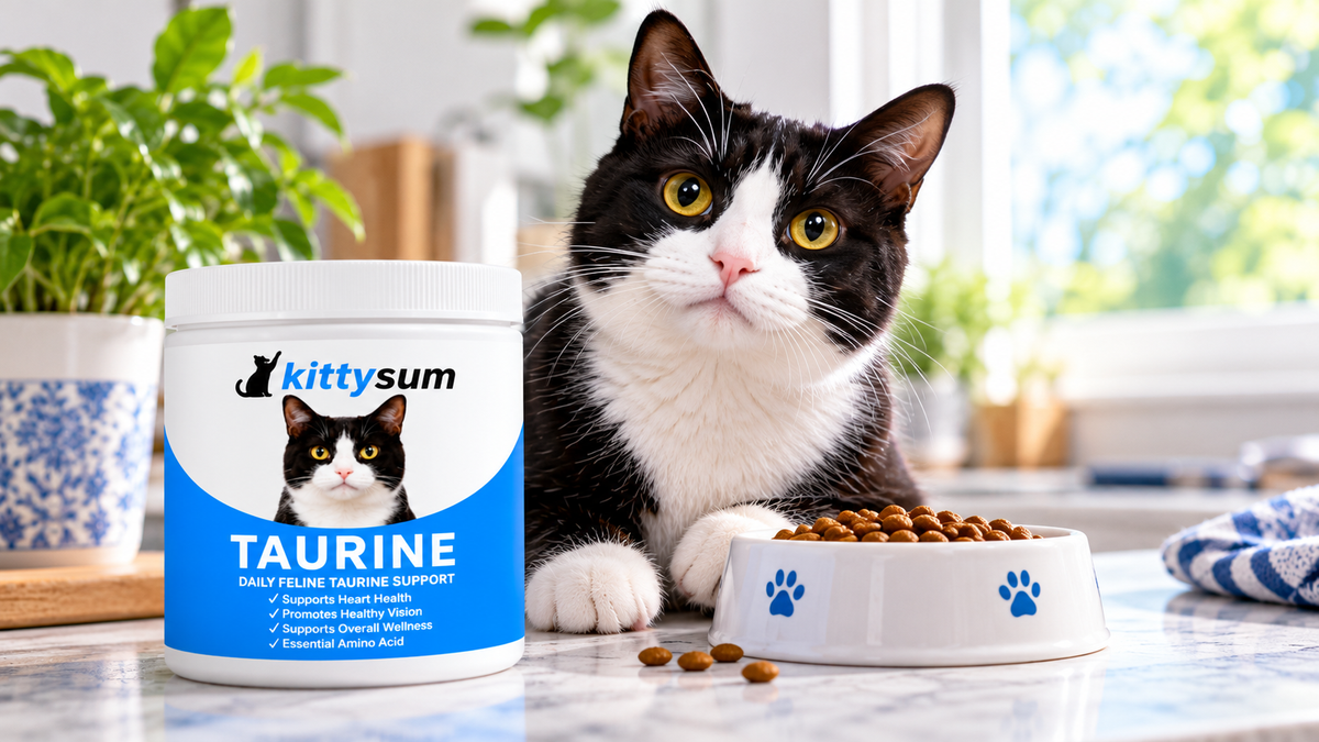 Best time to give taurine demonstration for cat owners: a cat beside a taurine tub and a full food bowl