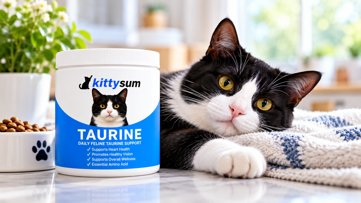 Taurine for rescue cats demonstration for cat owners: a relaxed cat resting on a blanket beside a taurine tub