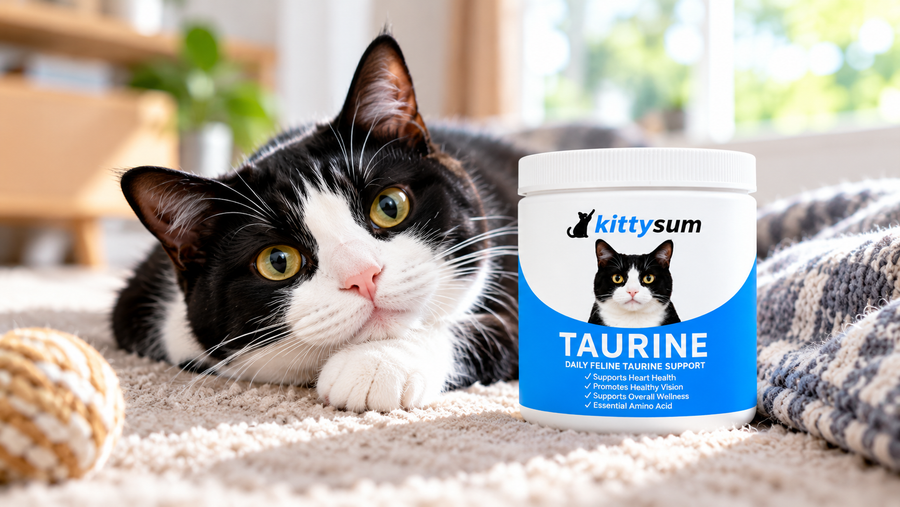 Cat dander demonstration for cat owners: a tuxedo cat beside a Kittysum supplement tub at home