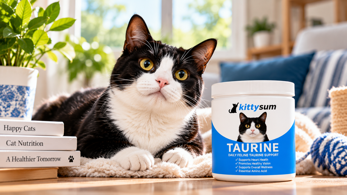 Lysine tablets for cats demonstration for cat owners: a tuxedo cat beside a Kittysum supplement tub at home