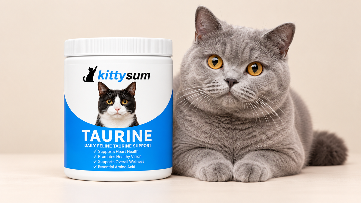 Can cats have eggs demonstration for cat owners: a grey cat lying beside a Kittysum taurine tub