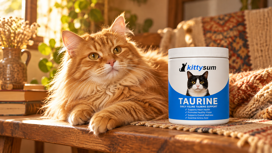 Cooked eggs for cats demonstration for cat owners: a ginger cat resting beside a Kittysum taurine tub
