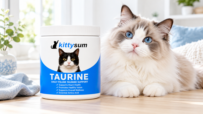 Can cats eat egg yolk demonstration for cat owners: a blue-eyed fluffy cat beside a Kittysum taurine tub