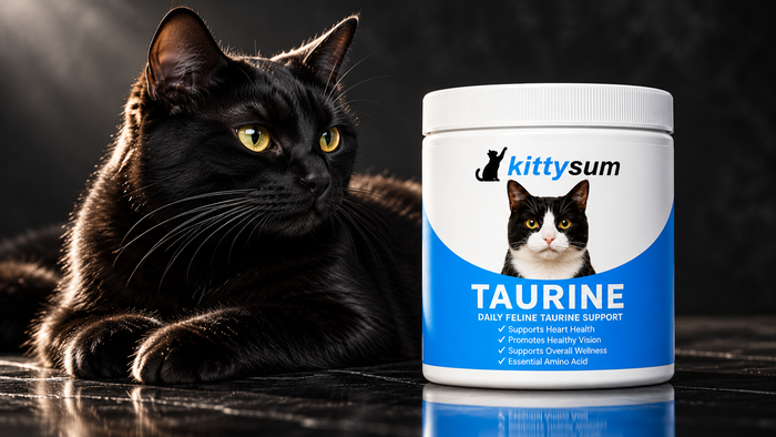 Cat food with egg demonstration for cat owners: a black cat beside a Kittysum taurine tub