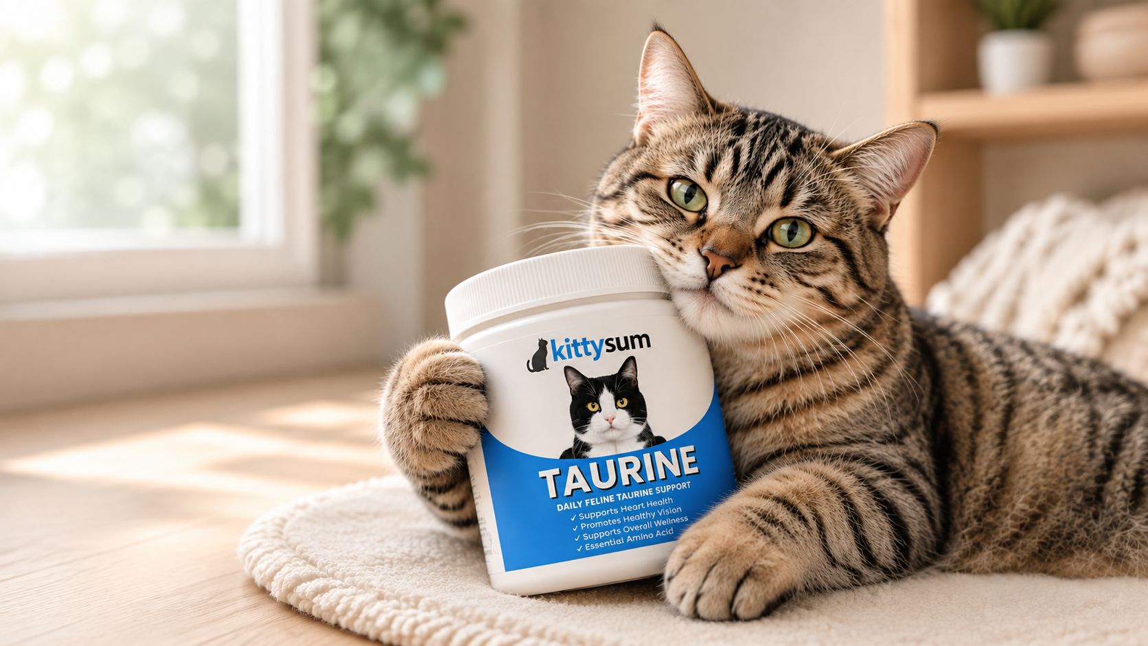 Tabby cat holding Kittysum Taurine in a warm indoor setting
